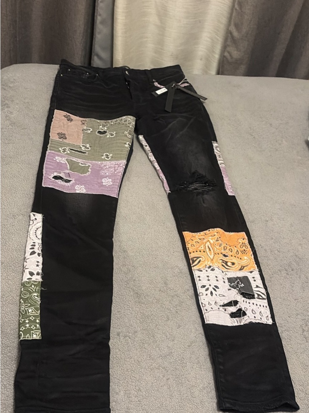 AMIRI Black Skinny Jeans with Multicolor Bandana Patches